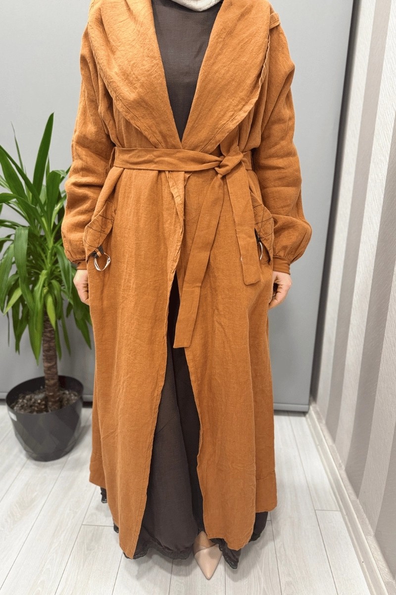 Misswhence Kapüşonlu Keten Kap Tarçın 37401 görsel 5
