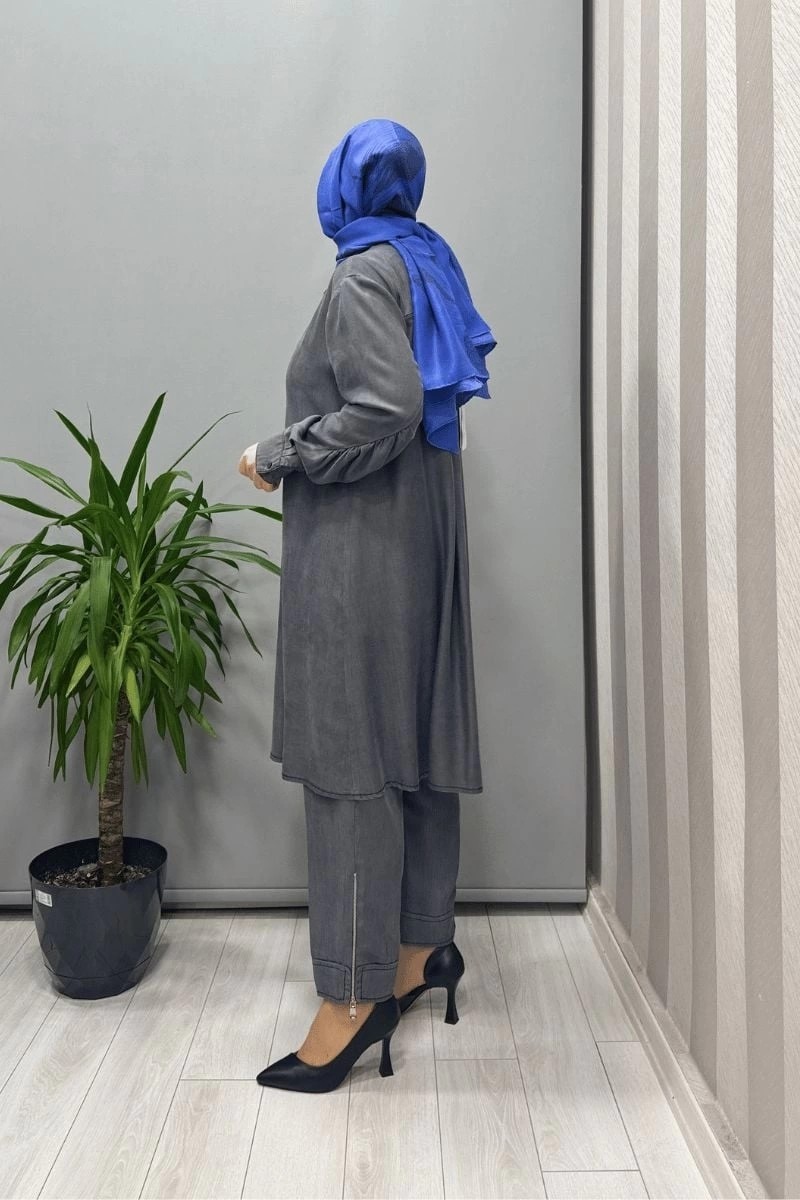 Misswhence Çıtçıtlı Tencel Gömlek Gri 37303 görsel 3