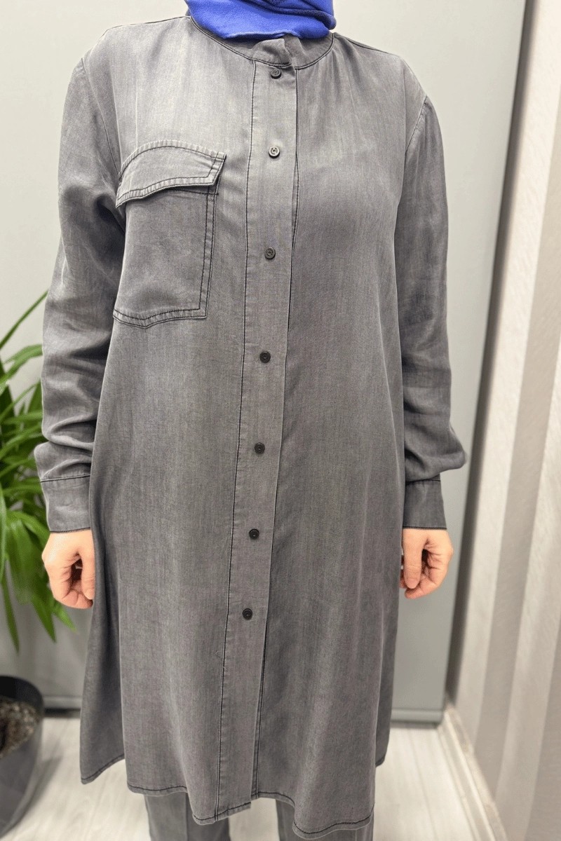 Misswhence Çıtçıtlı Tencel Gömlek Gri 37303 görsel 5