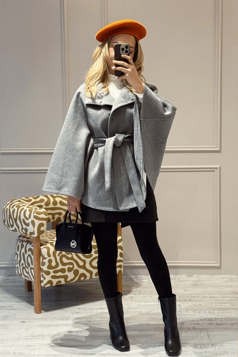 BeeYouStudio Gri Belden Kuşaklı Panço