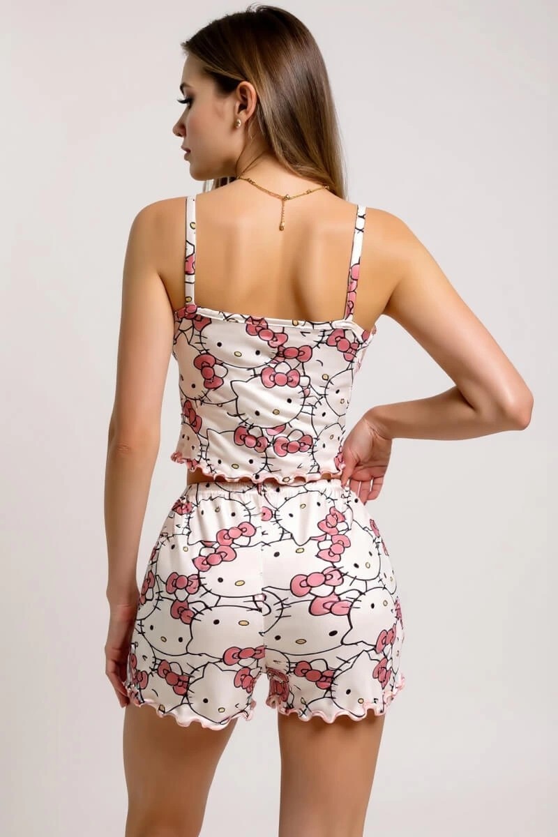 Findit Hello Kitty Baskılı Askılı Şortlu Pijama Takımı görsel 4