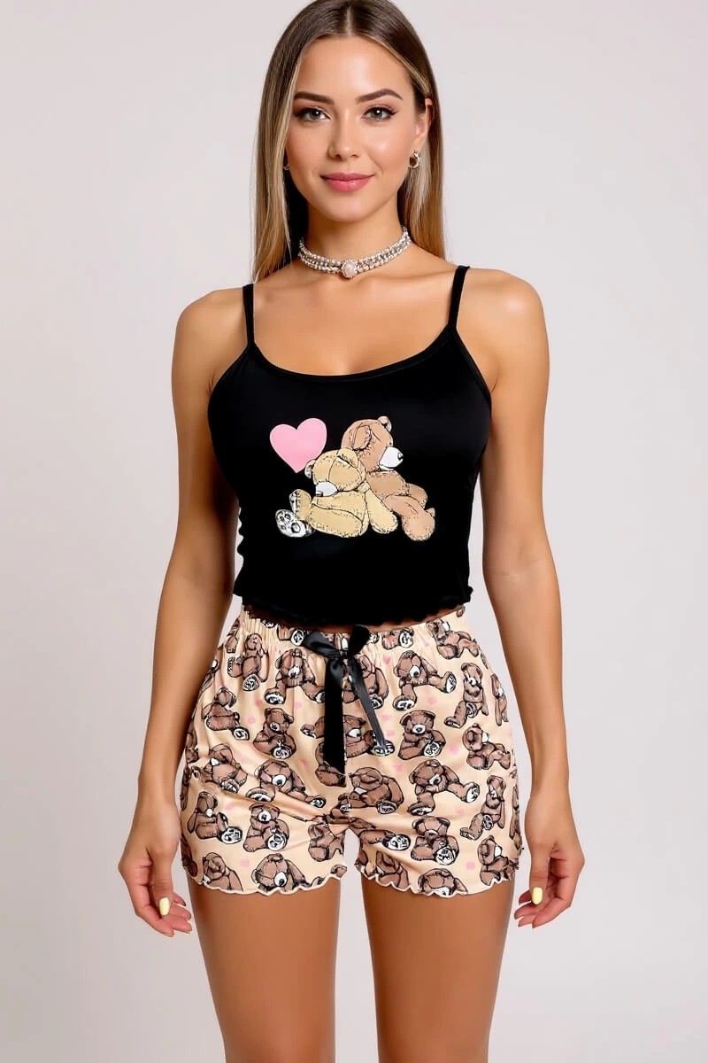 Findit Renkli Ayıcık Desenli Askılı Şortlu Kadın Pijama Takımı