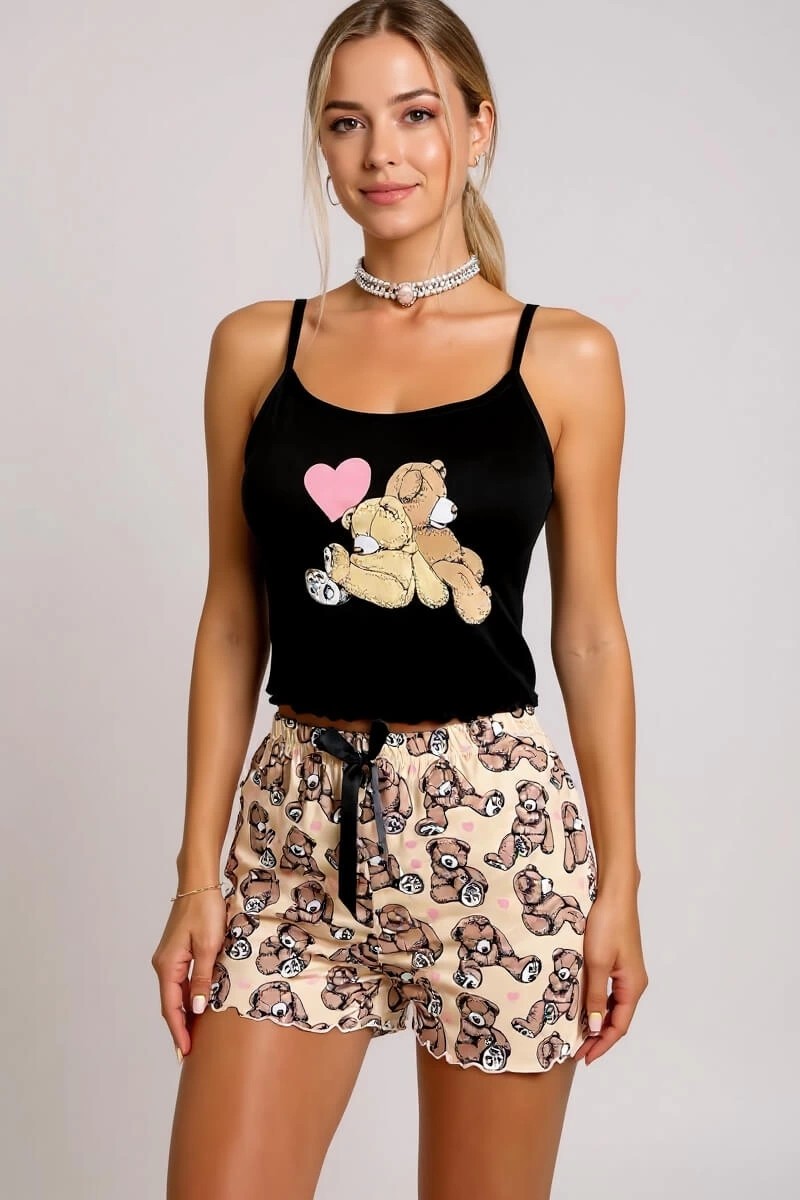 Findit Renkli Ayıcık Desenli Askılı Şortlu Kadın Pijama Takımı görsel 3