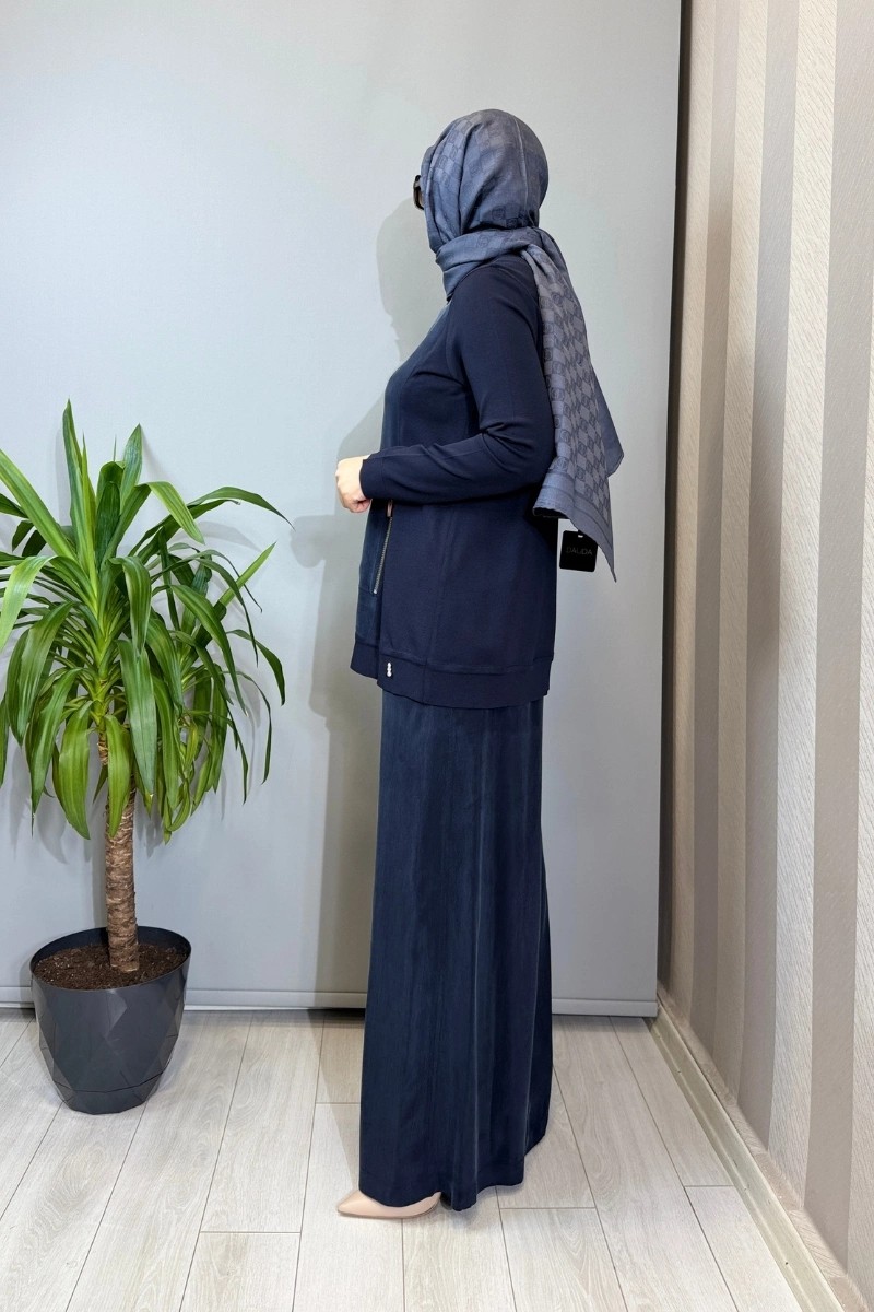 Miss Dalida Fermuarlı Cupro Detaylı Triko Ceket Lacivert T26Y-8203 görsel 2