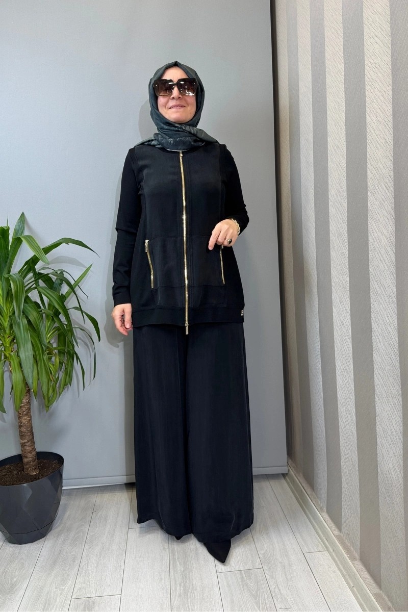 Miss Dalida Fermuarlı Cupro Detaylı Triko Ceket Siyah T26Y-8203