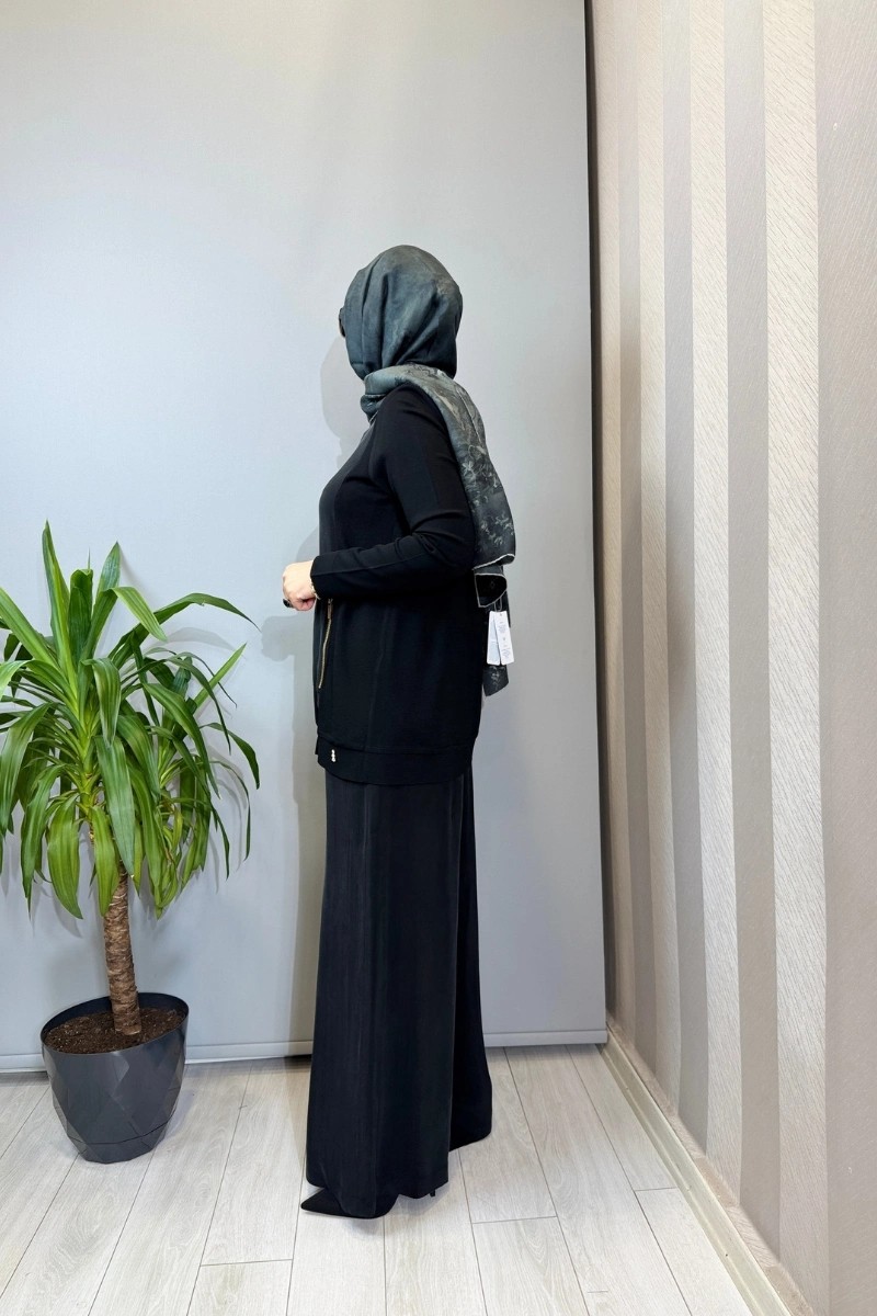 Miss Dalida Fermuarlı Cupro Detaylı Triko Ceket Siyah T26Y-8203 görsel 2