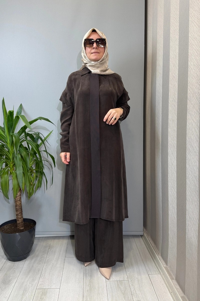 Miss Dalida Bol Paça Basic Cupro Pantolon Kahve T26Y-7003 görsel 2