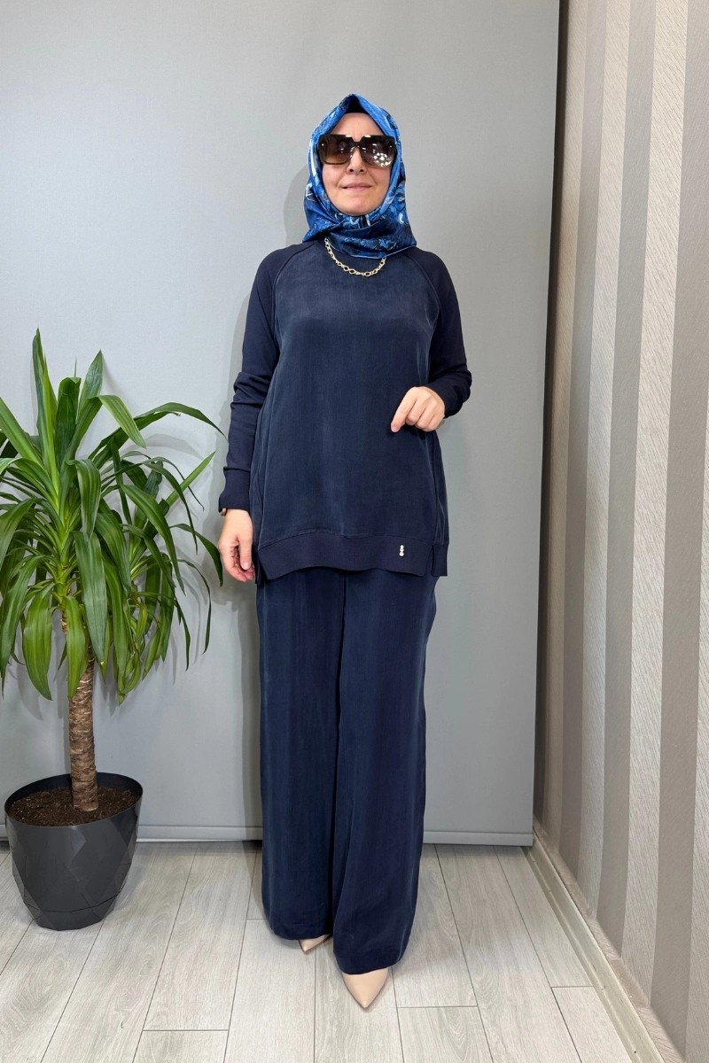 Miss Dalida Bol Paça Basic Cupro Pantolon Lacivert T26Y-7003 görsel 2
