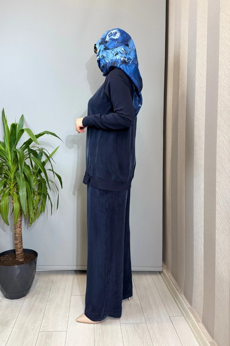 Miss Dalida Bol Paça Basic Cupro Pantolon Lacivert T26Y-7003 görsel 3