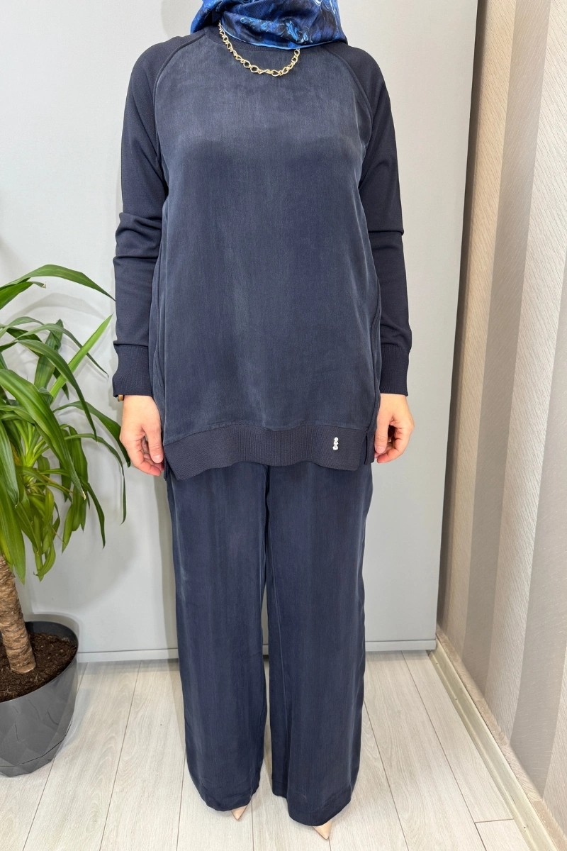 Miss Dalida Bol Paça Basic Cupro Pantolon Lacivert T26Y-7003 görsel 4