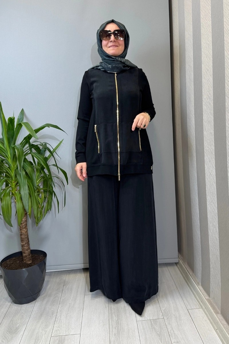 Miss Dalida T26Y-7010 Cupro Cepli Pantolon Etek Siyah T26Y-7010 görsel 2