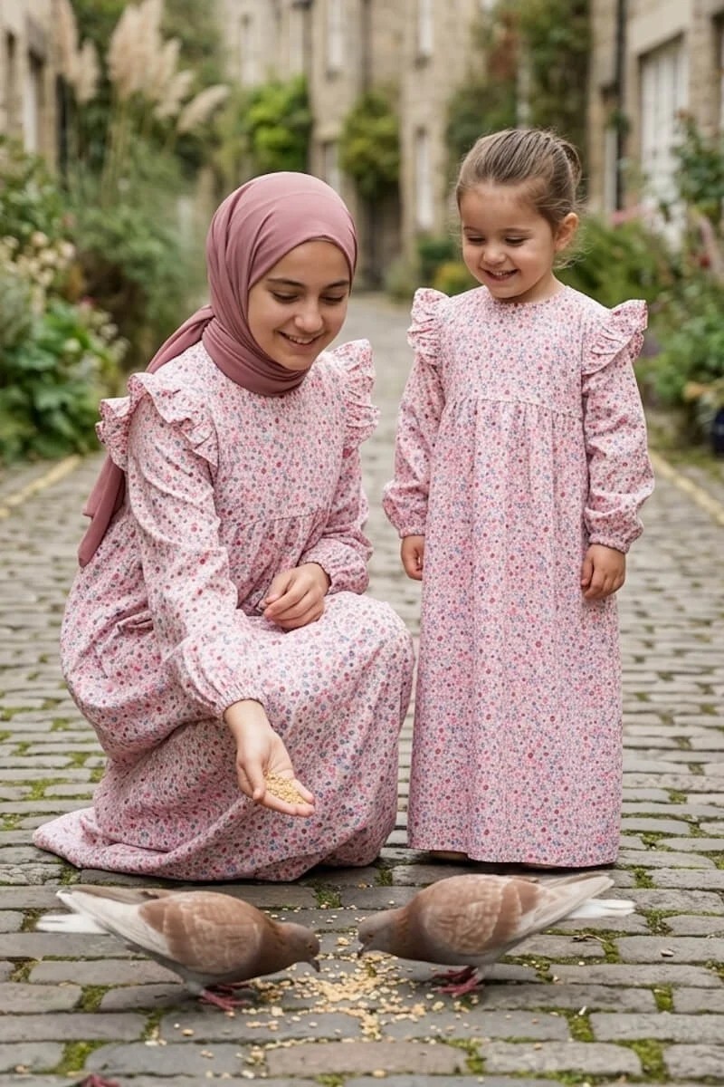 Betül Akbay Kız Çocuk Tesettür Elbise, Amine Model Viskon Pamuklu Tam Boy Pembe görsel 6