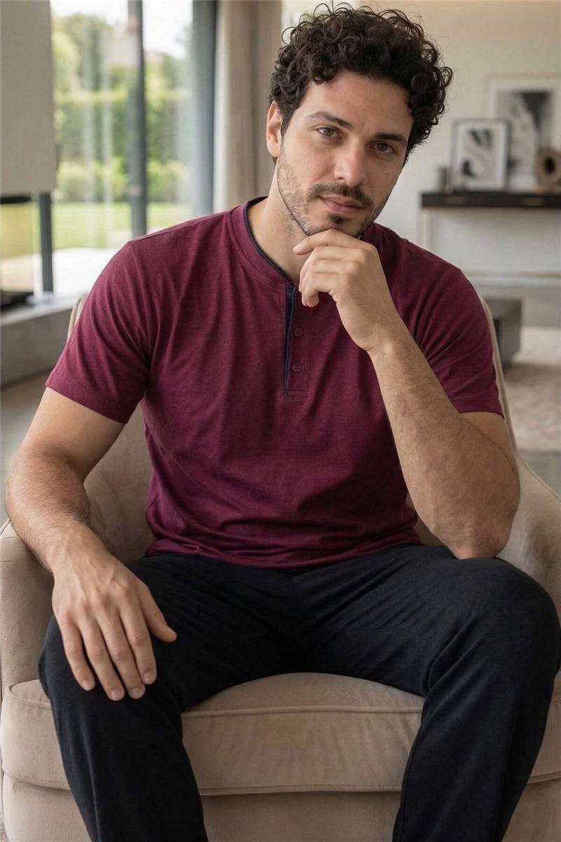 Pijama Evi Burgundy Wine Kısa Kollu Pat Detaylı Elegant Erkek Pijama Takımı