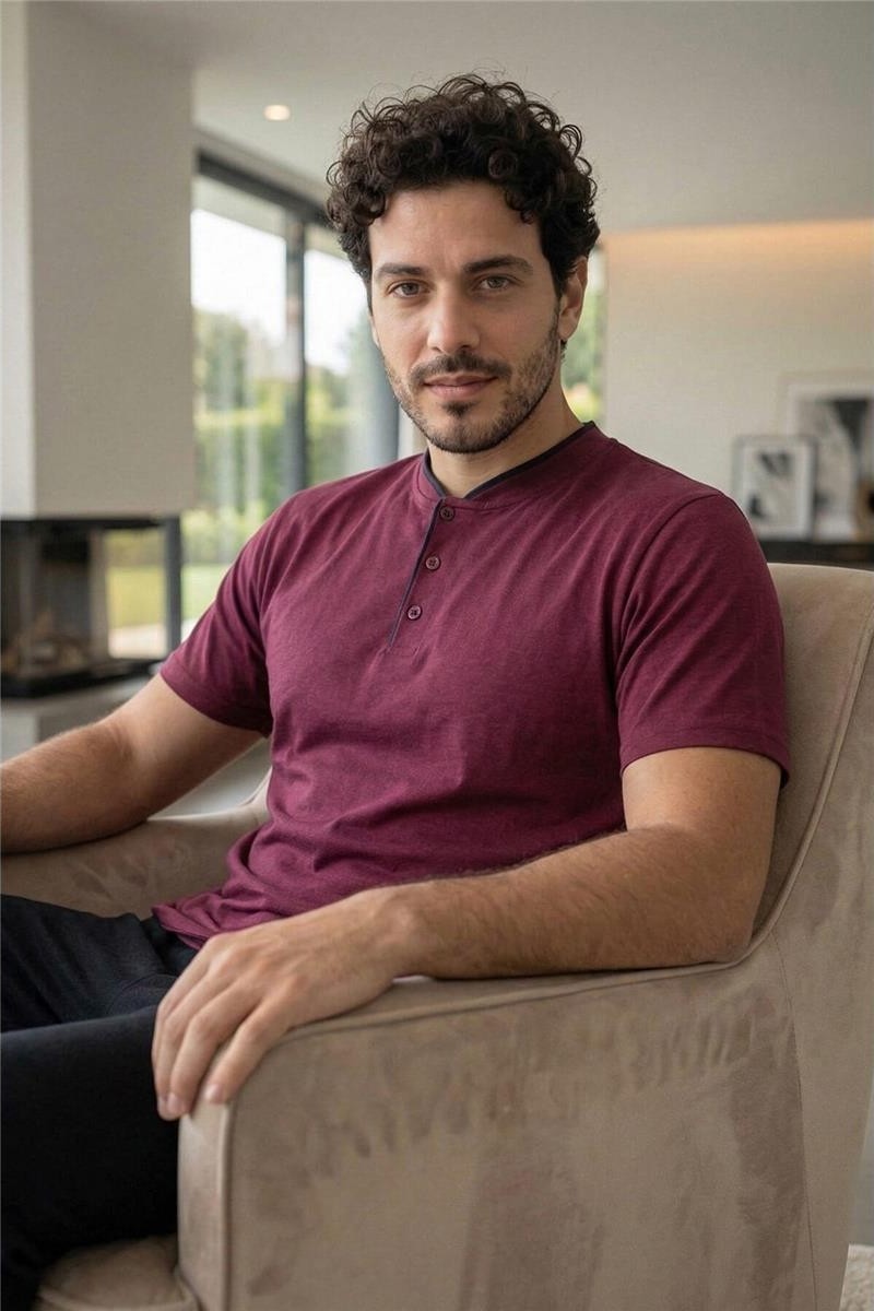 Pijama Evi Burgundy Wine Kısa Kollu Pat Detaylı Elegant Erkek Pijama Takımı görsel 4