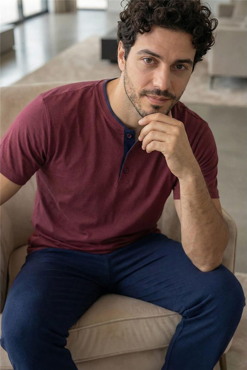 Pijama Evi Burgundy Wine Kısa Kollu Pat Detaylı Elegant Erkek Pijama Takımı görsel 6