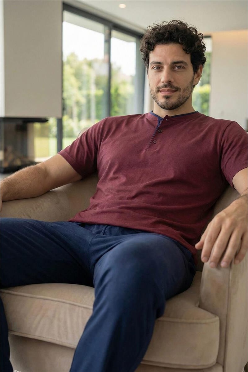 Pijama Evi Burgundy Wine Kısa Kollu Pat Detaylı Elegant Erkek Pijama Takımı görsel 7