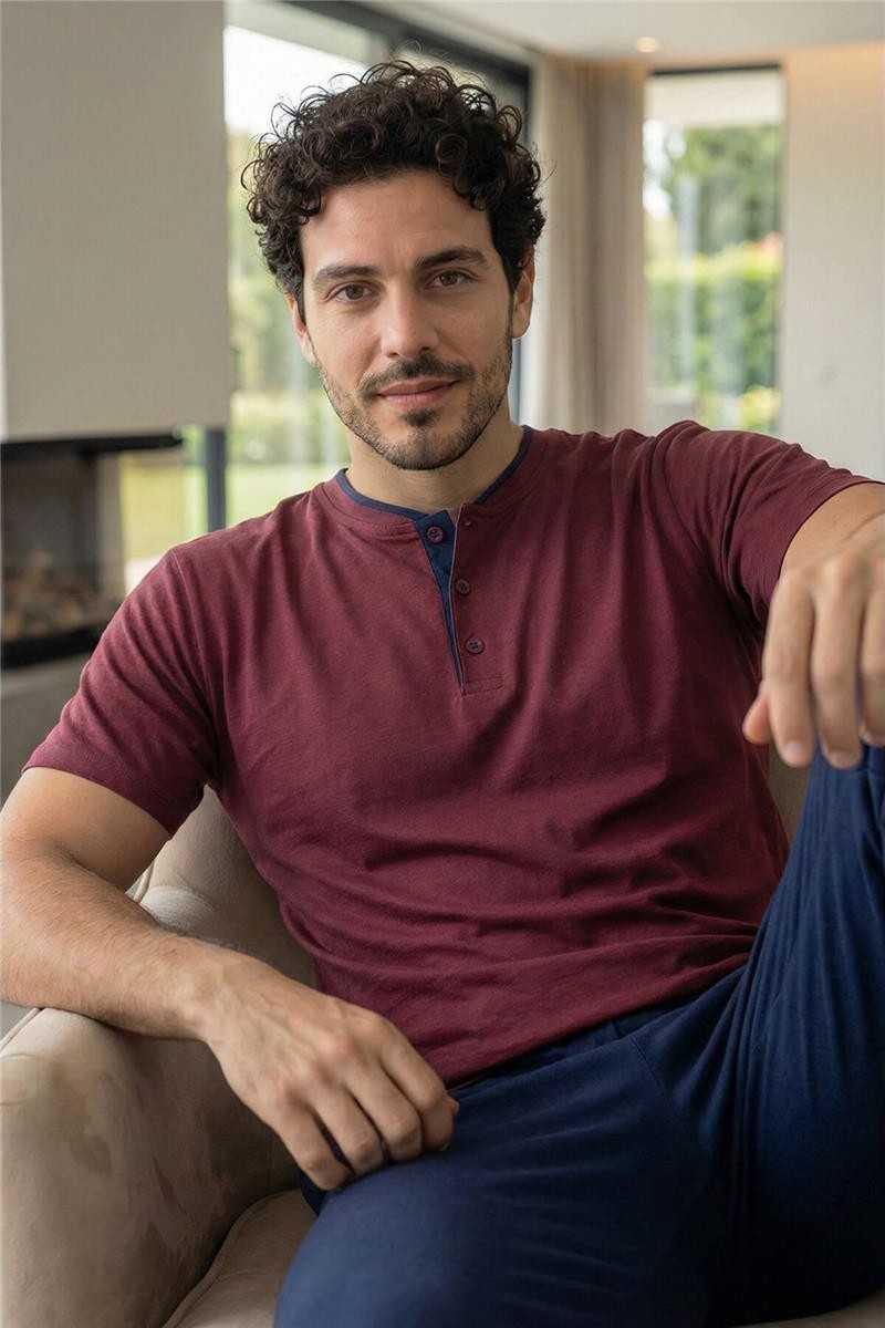 Pijama Evi Burgundy Wine Kısa Kollu Pat Detaylı Elegant Erkek Pijama Takımı görsel 8