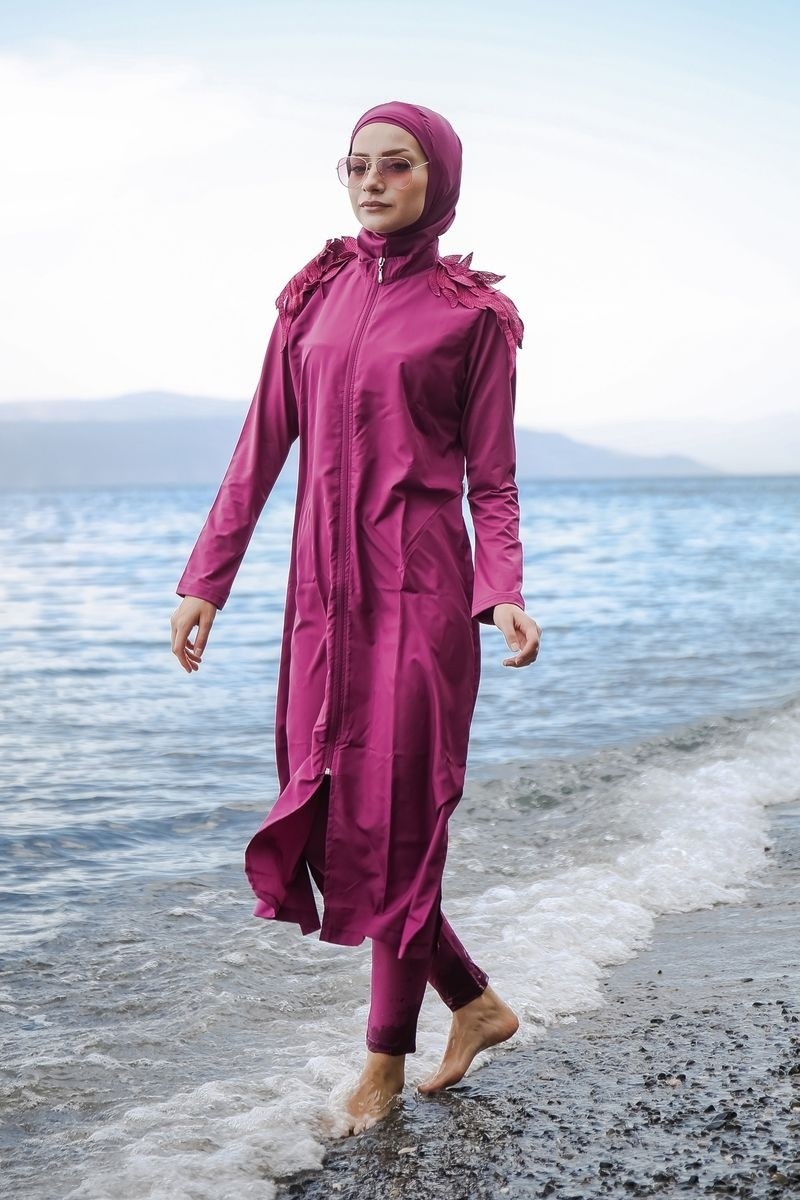 Marina Omuzları Dantelli Fermuarlı Tam Kapalı Tesettür Mayo 3'lü Set Marina Mayo M2029 görsel 3
