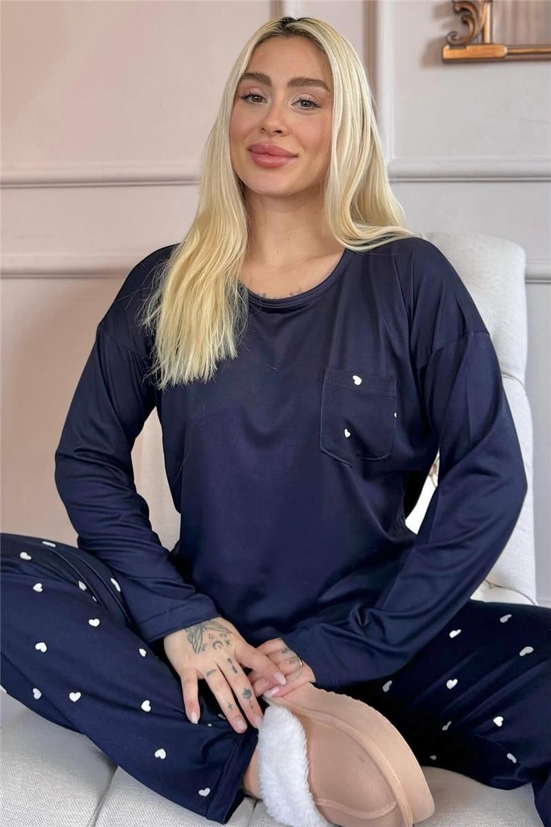 Pijama Evi Bordo Kalp Desenli Bambu Uzun Kol Kadın Pijama Takımı