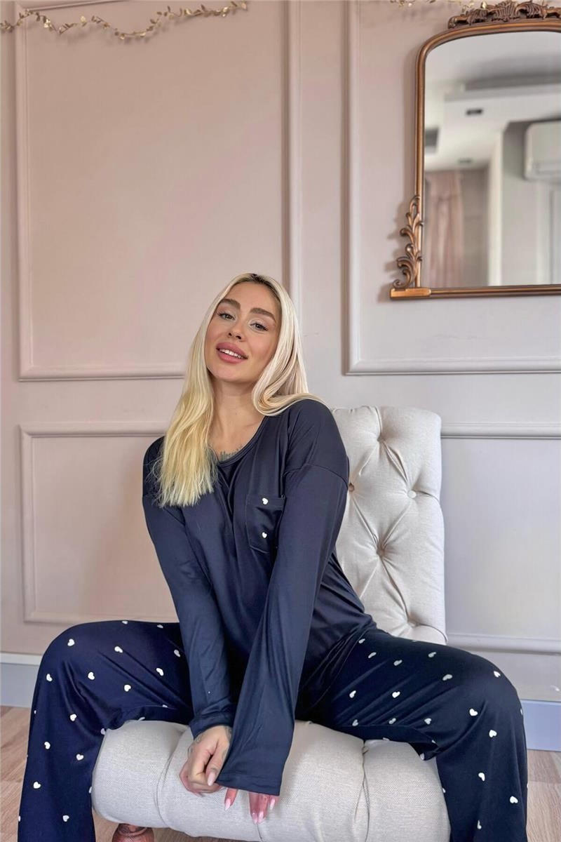 Pijama Evi Bordo Kalp Desenli Bambu Uzun Kol Kadın Pijama Takımı görsel 7