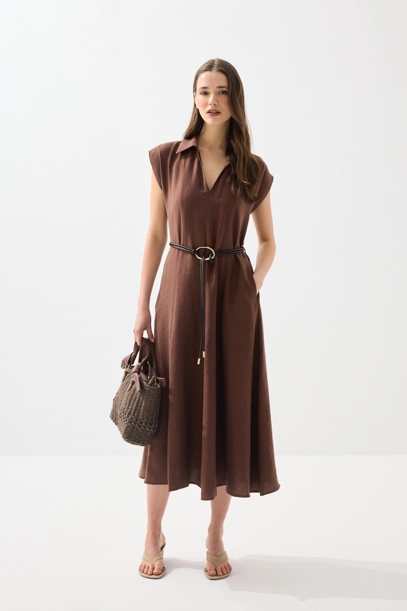 Gusto Yakalı Kemerli Uzun Tencel Elbise - Lacivert görsel 6