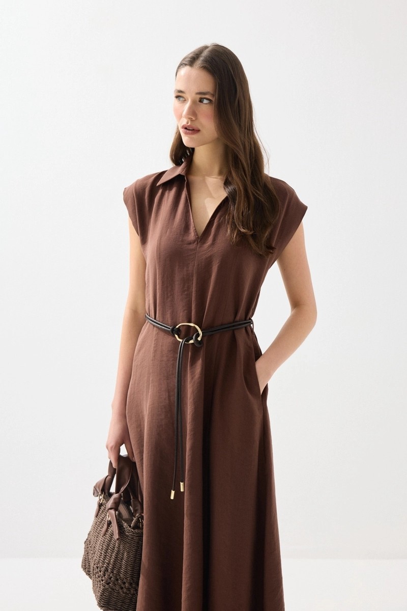 Gusto Yakalı Kemerli Uzun Tencel Elbise - Lacivert görsel 7