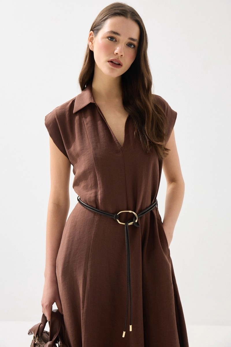 Gusto Yakalı Kemerli Uzun Tencel Elbise - Lacivert görsel 8