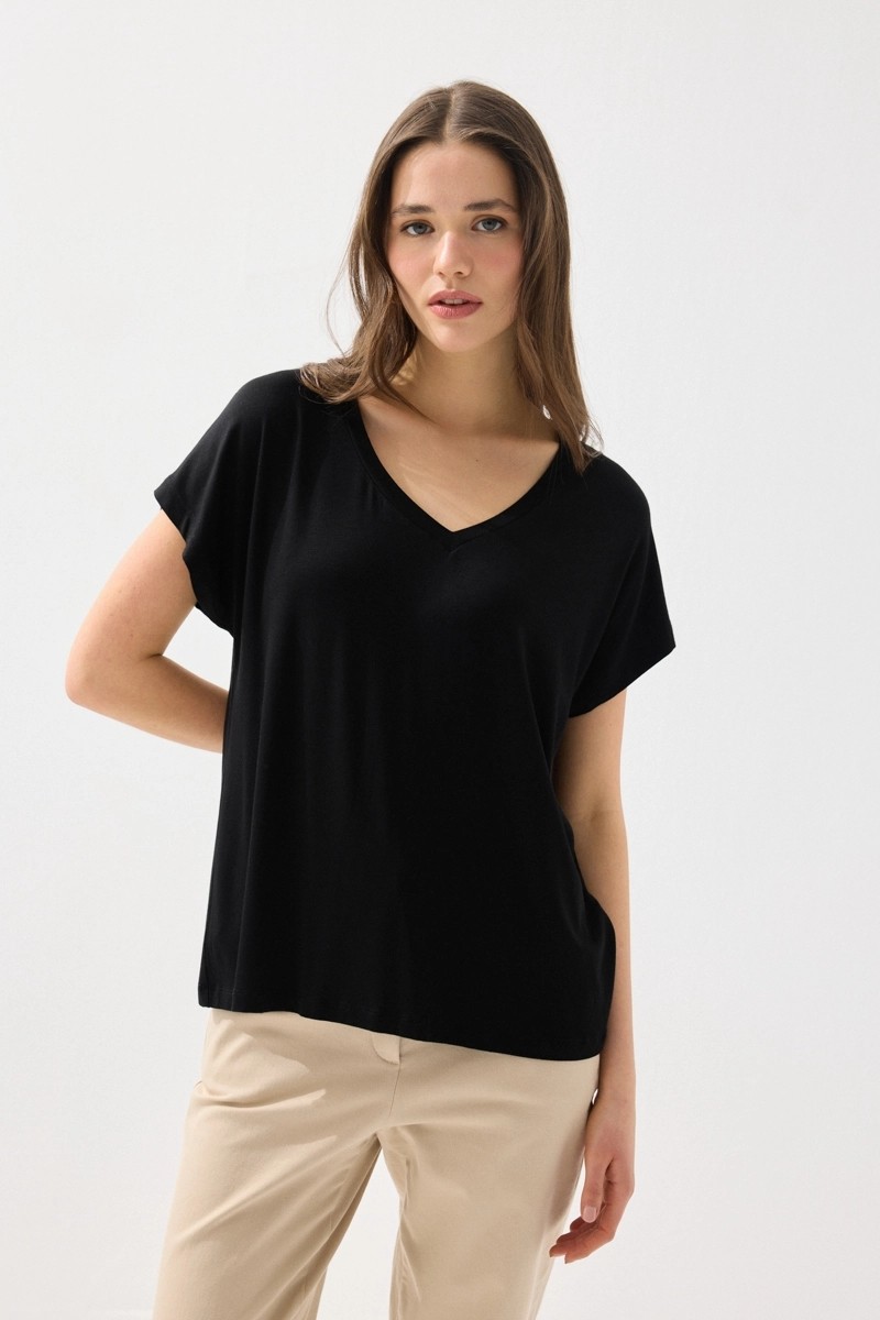 Gusto V Yaka Rahat Kesim Bambu Tshirt - Siyah