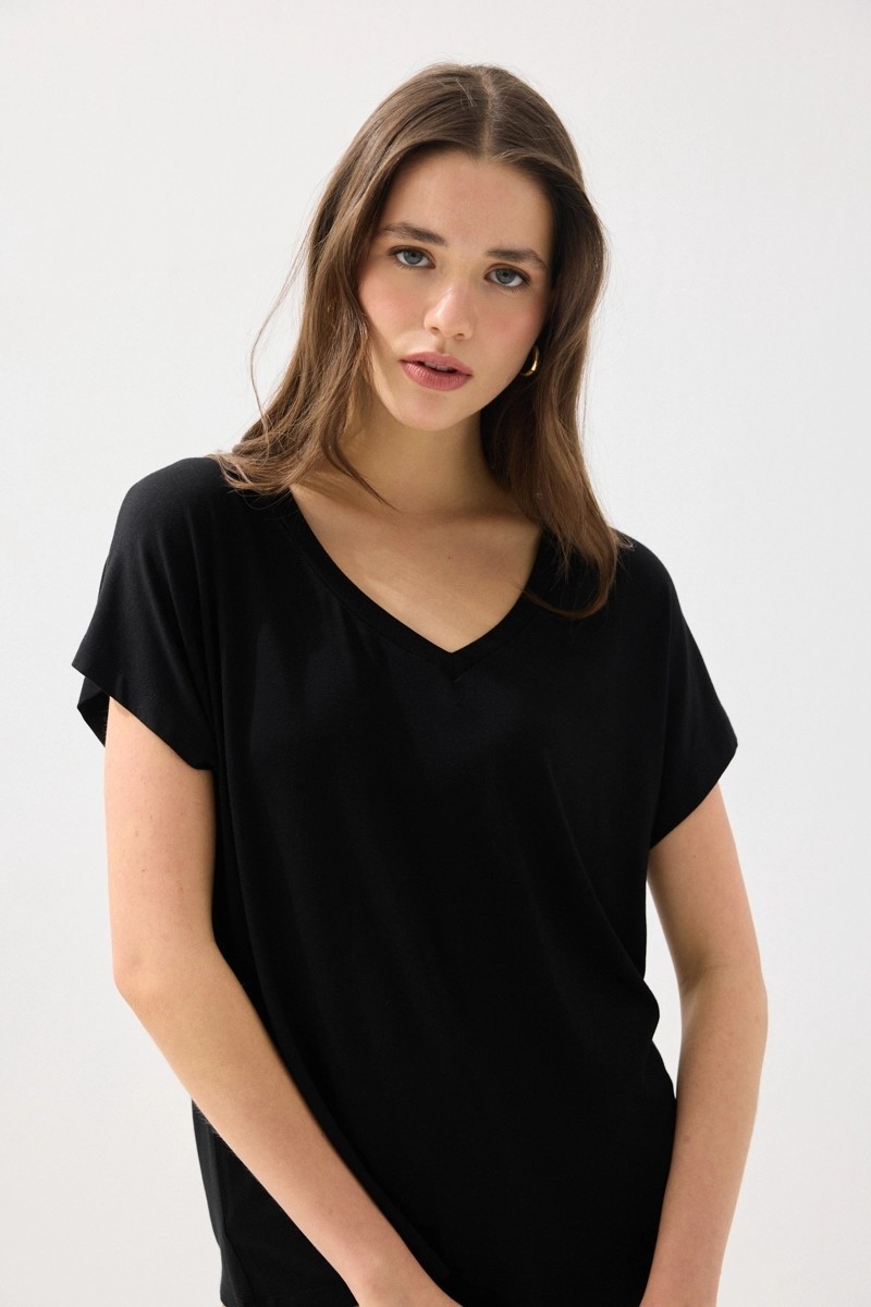 Gusto V Yaka Rahat Kesim Bambu Tshirt - Siyah görsel 8