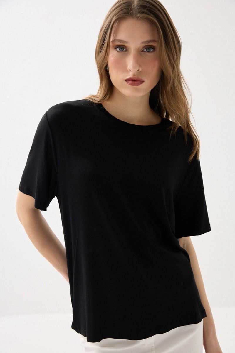 Gusto Bisiklet Yaka Rahat Kesim Bambu Tshirt - Siyah görsel 6