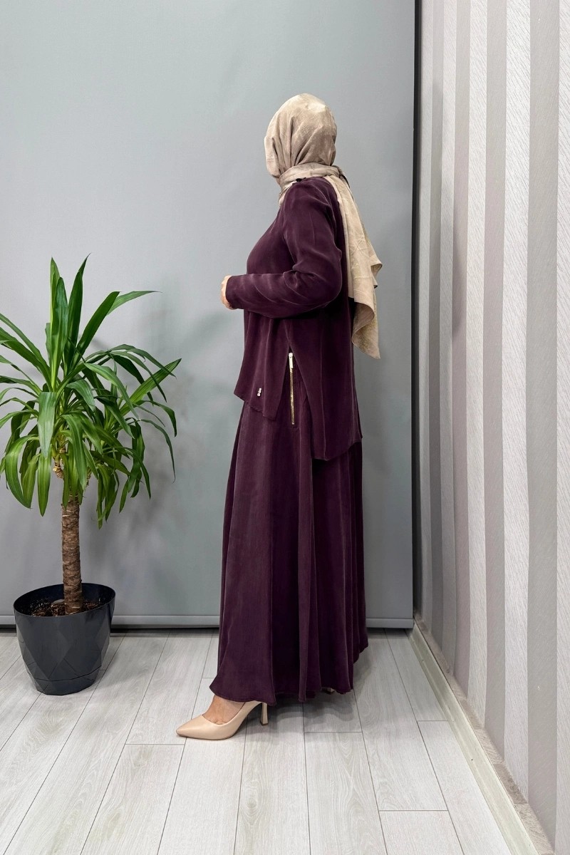Miss Dalida Missdalida Yandan Fermuarlı Kloş Cupro Ipek Etek Bordo T25Y-2003 görsel 4
