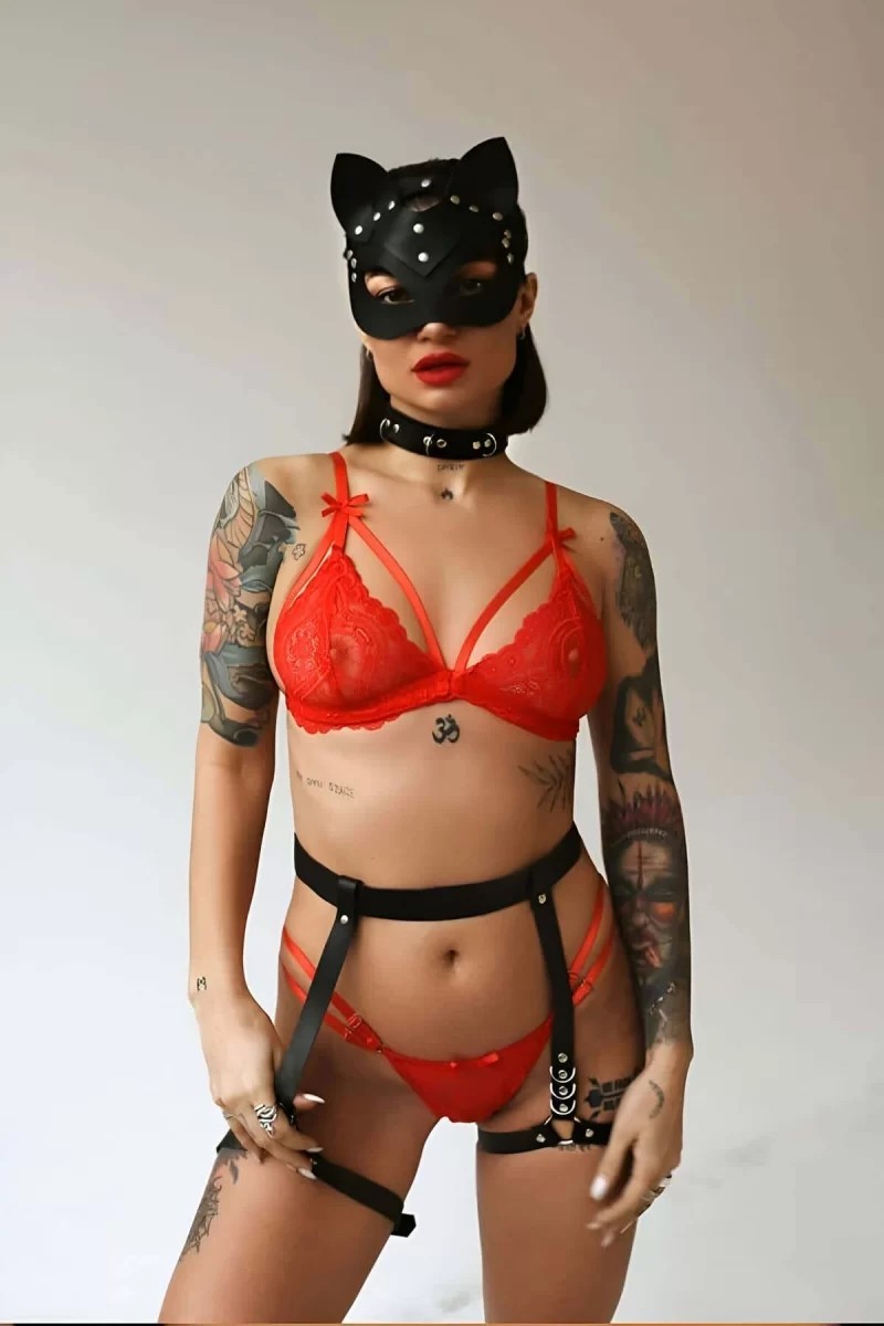 bebekokusu Seksi Deri Maske Tasma ve Jartiyer Harness Takım - BRF783