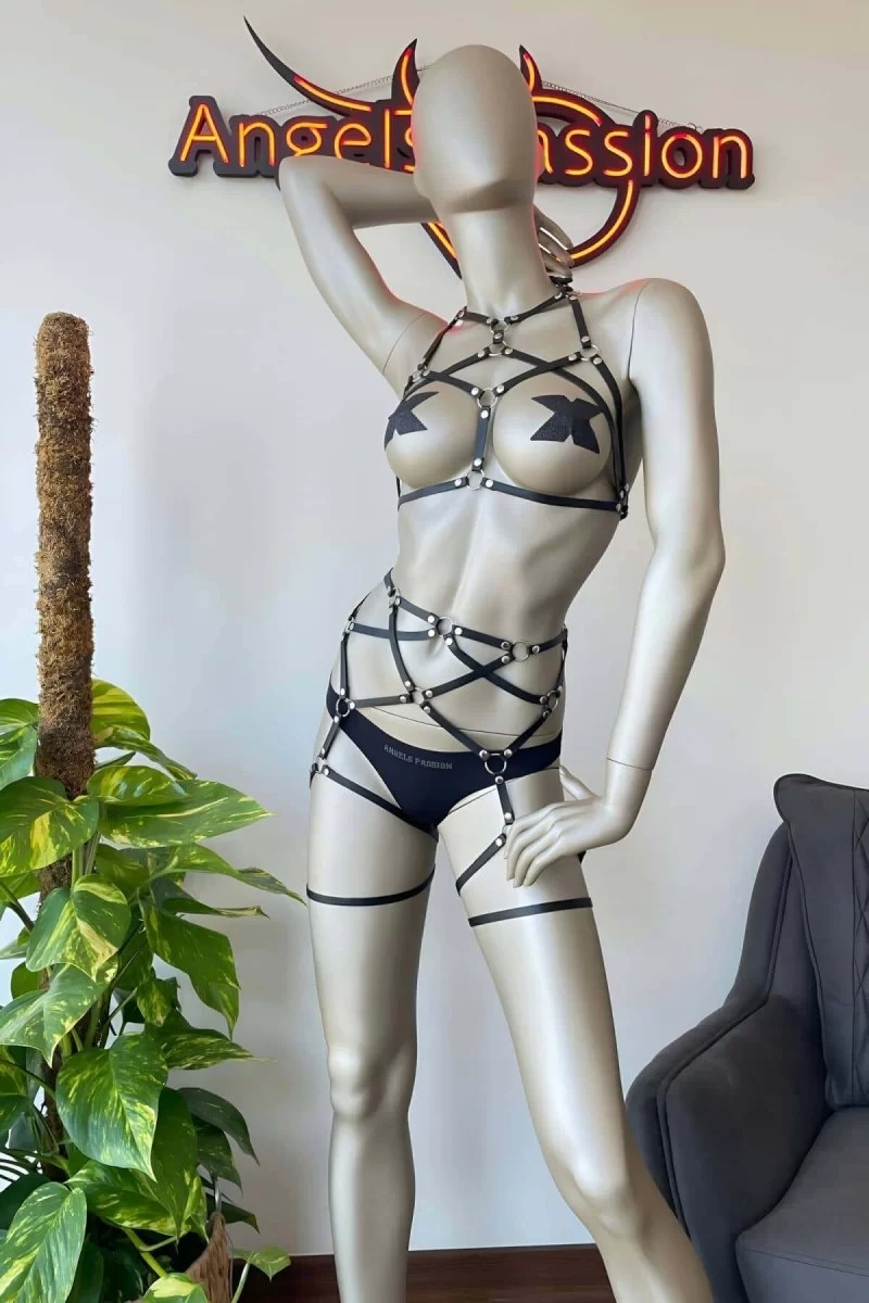 bebekokusu Siyah Deri Jartiyer ve Büstiyer Harness - BRF415
