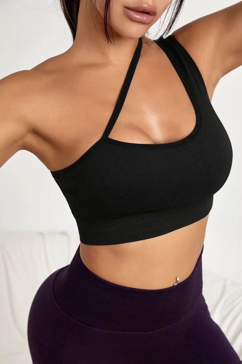 bebekokusu Kadın Siyah Tek Omuzlu Çapraz Askılı Crop Top Büstiyer görsel 3