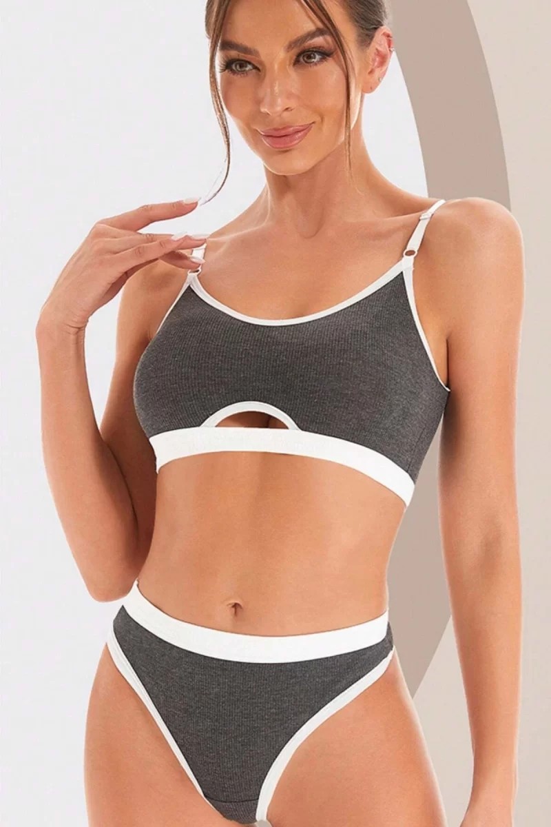 bebekokusu Kadın Gri Antrasit Kaşkorse ve Beyaz Lastikli Cut-Out Tanga Külotlu Takım