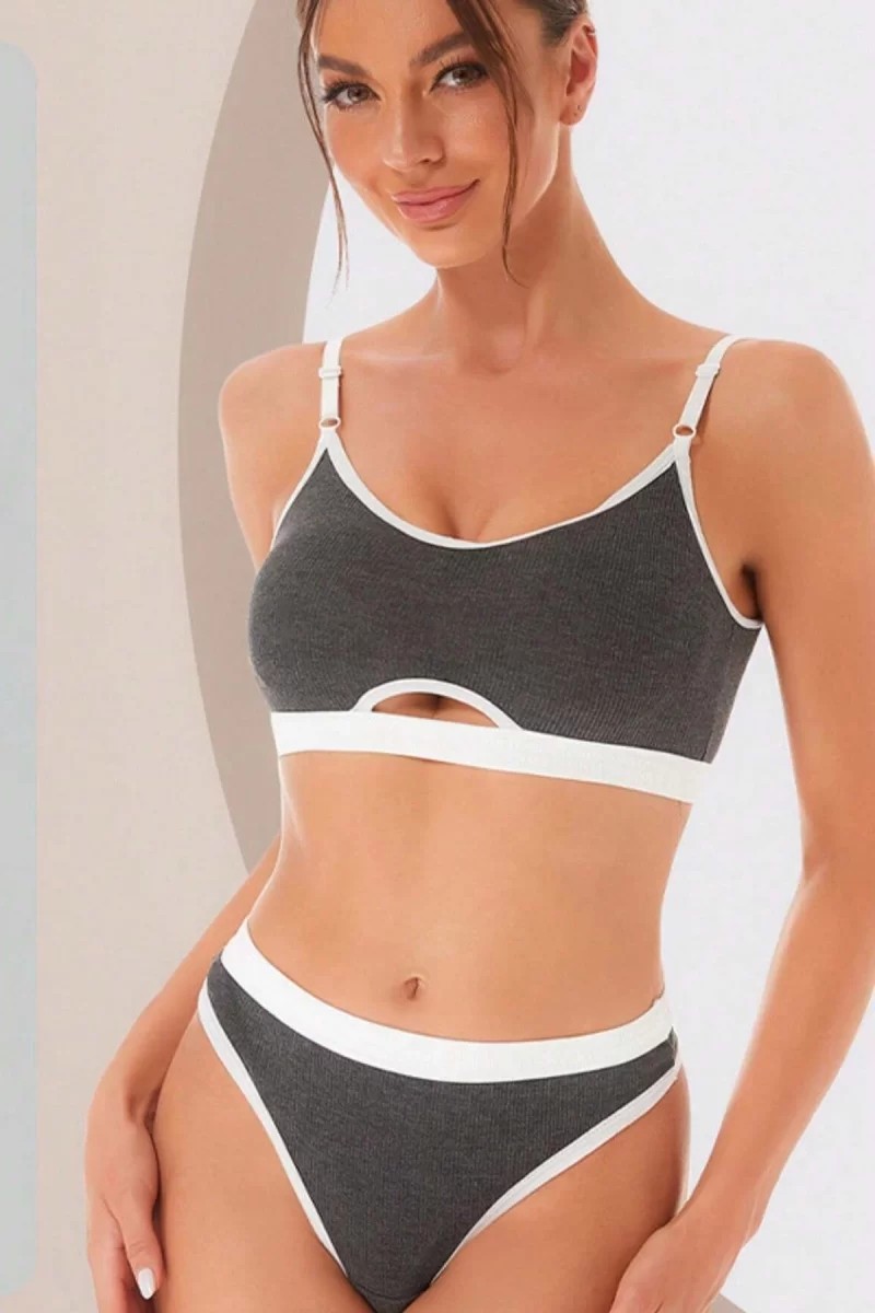 bebekokusu Kadın Gri Antrasit Kaşkorse ve Beyaz Lastikli Cut-Out Tanga Külotlu Takım görsel 4