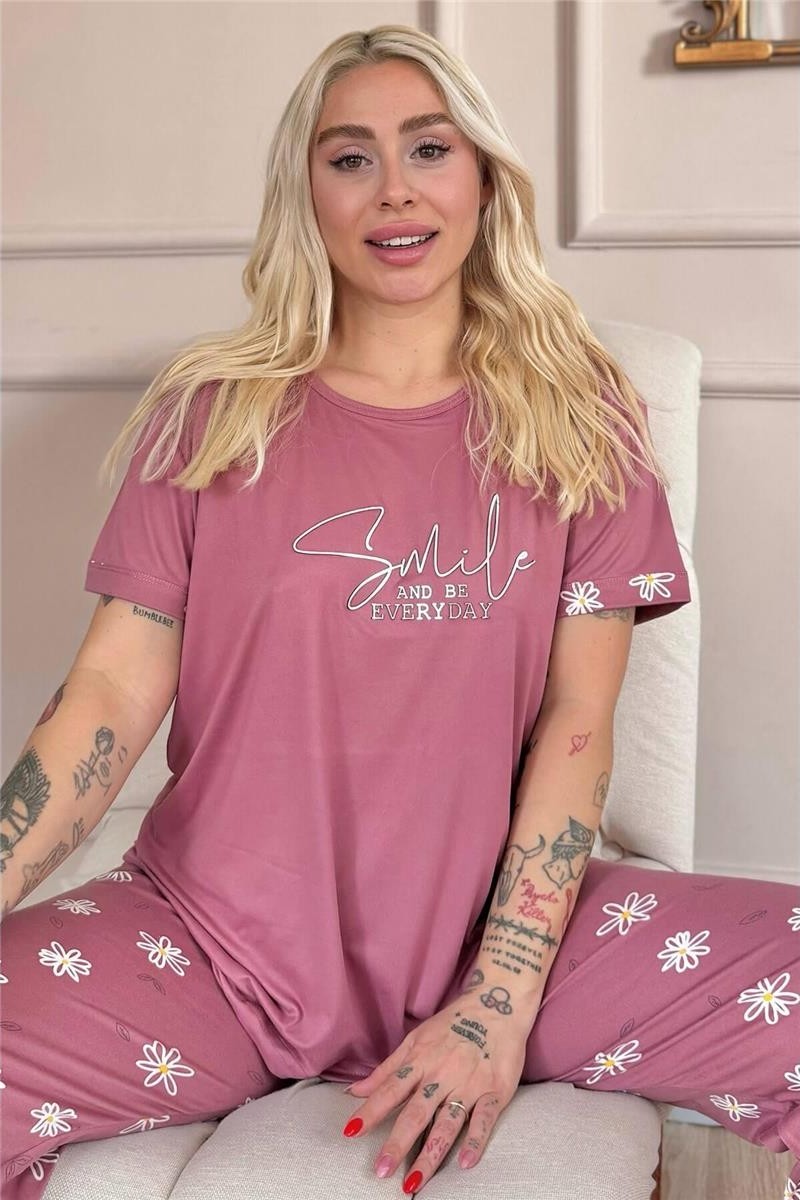 Gri Smile Everyday Desenli Bambu Kısa Kol Kadın Pijama Takımı görsel 6