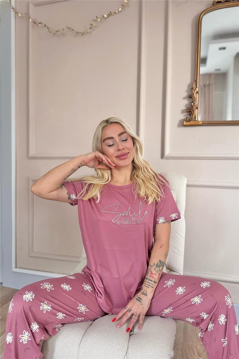 Gri Smile Everyday Desenli Bambu Kısa Kol Kadın Pijama Takımı görsel 7