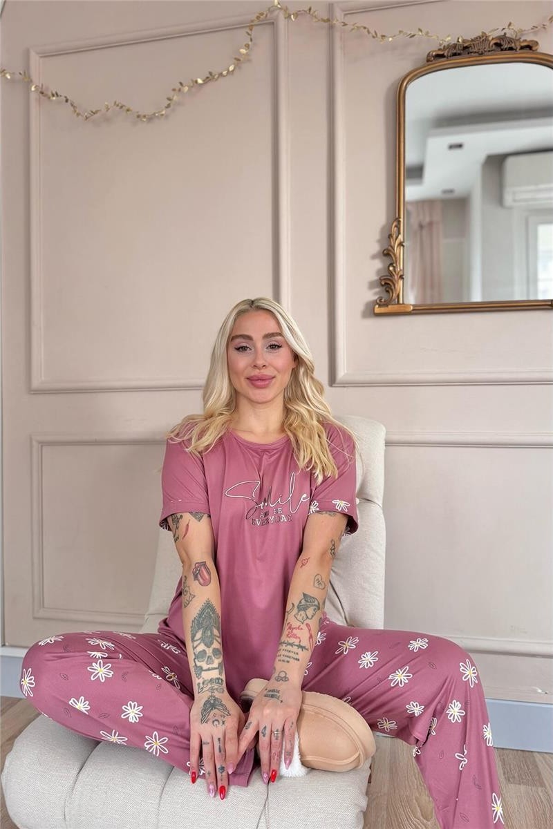 Gri Smile Everyday Desenli Bambu Kısa Kol Kadın Pijama Takımı görsel 8
