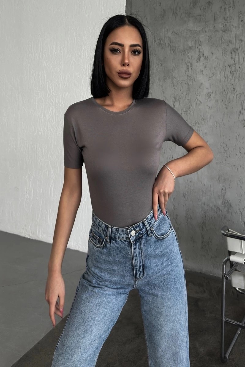 Nemere Rahat ve Şık Kısa Kollu Bisiklet Yaka Likralı Viskon Penye Body Füme görsel 2
