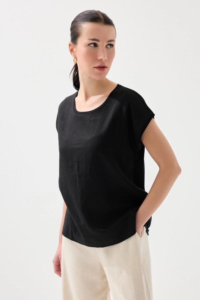 Gusto Önü Keten Tshirt - Kahverengi