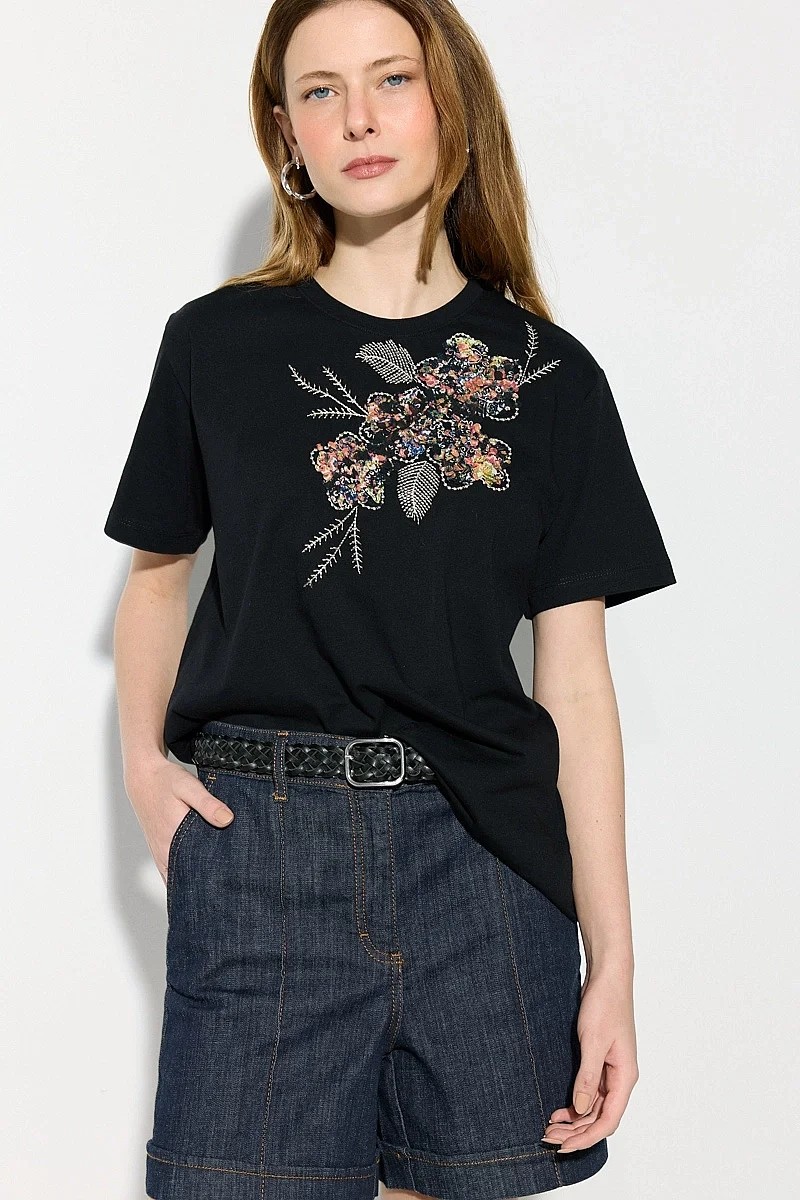 Gusto Nakışlı Pamuk T-Shirt - Siyah