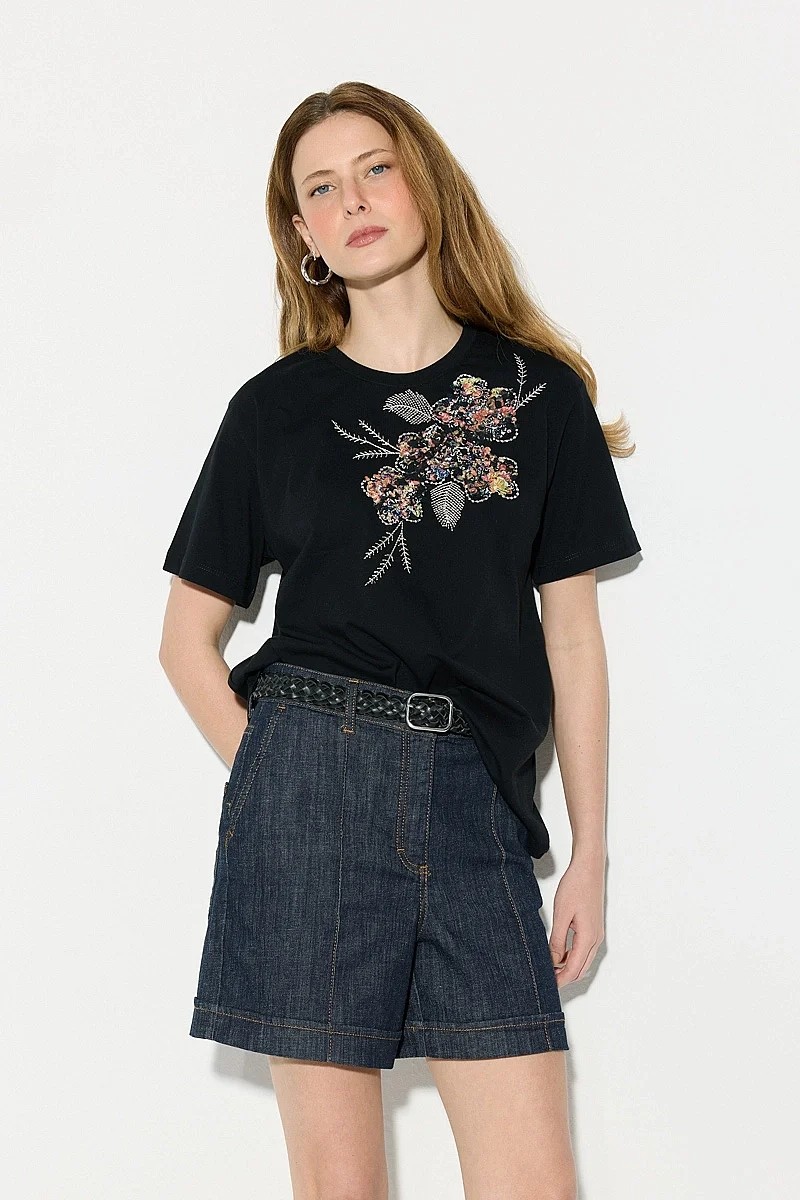 Gusto Nakışlı Pamuk T-Shirt - Siyah görsel 3