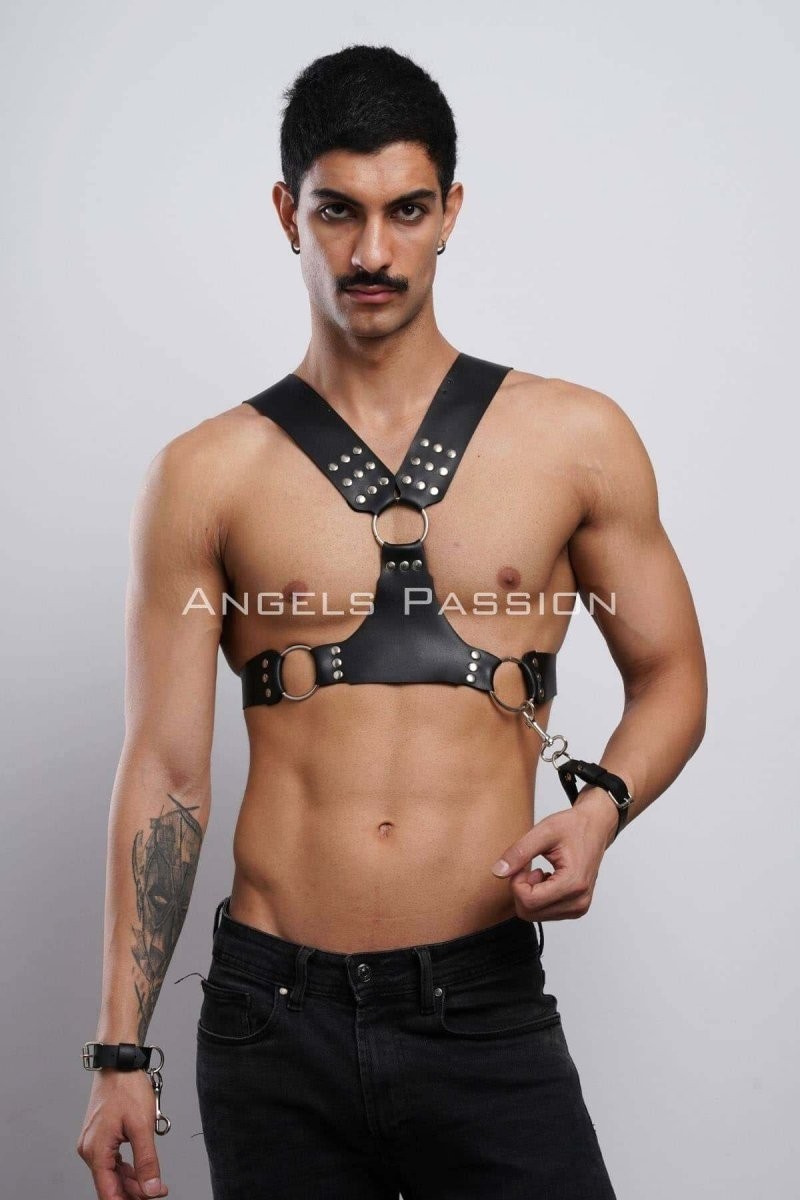 mery Kelepçeli Erkek Göğüs Harness, Deri Erkek Fantezi Harness, Kelepçeli Erkek Harness - BRFM121 görsel 5