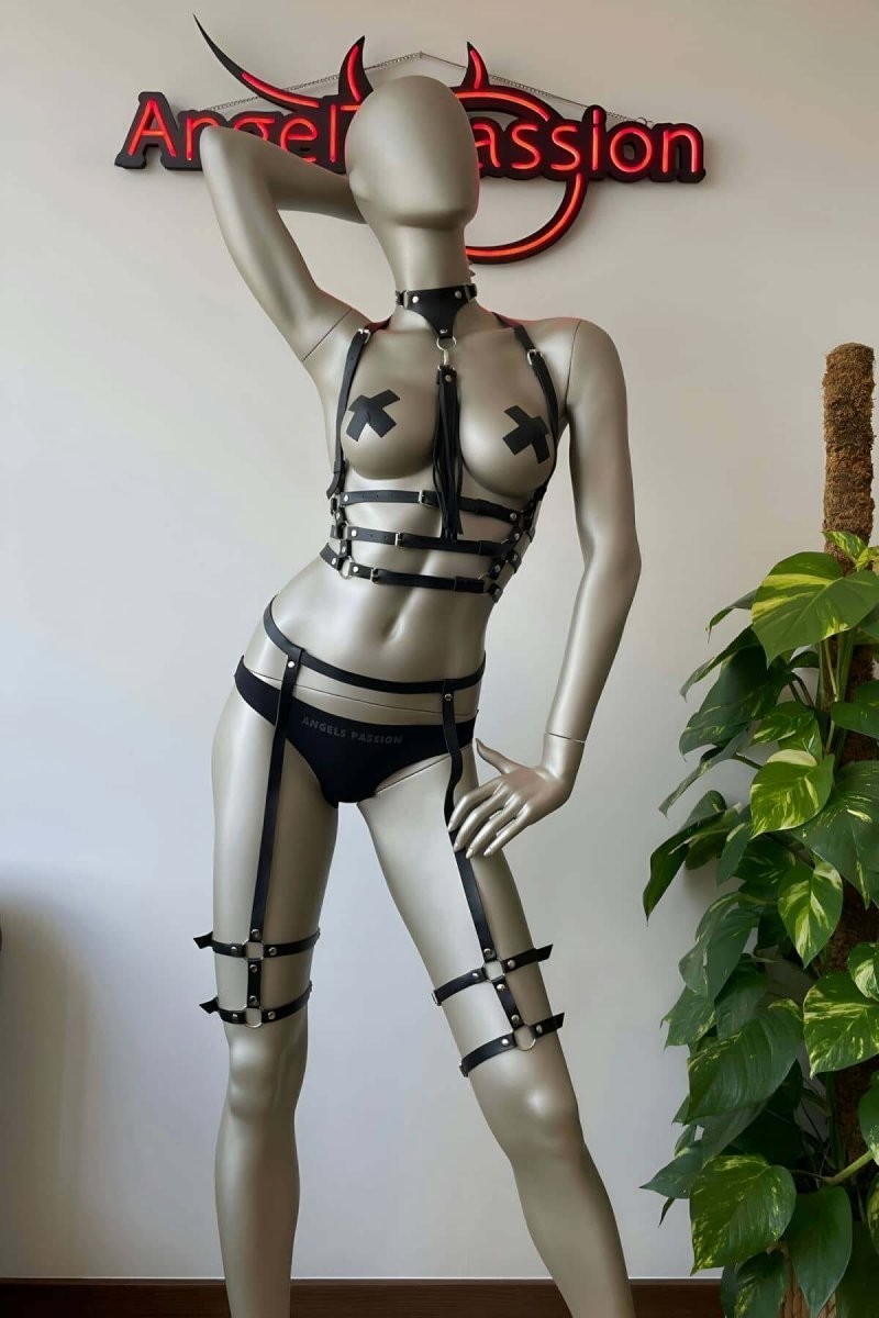 mery Püskül Choker Detaylı Siyah Deri Jartiyer Harness Takım - BRF302 Mery Woman görsel 7