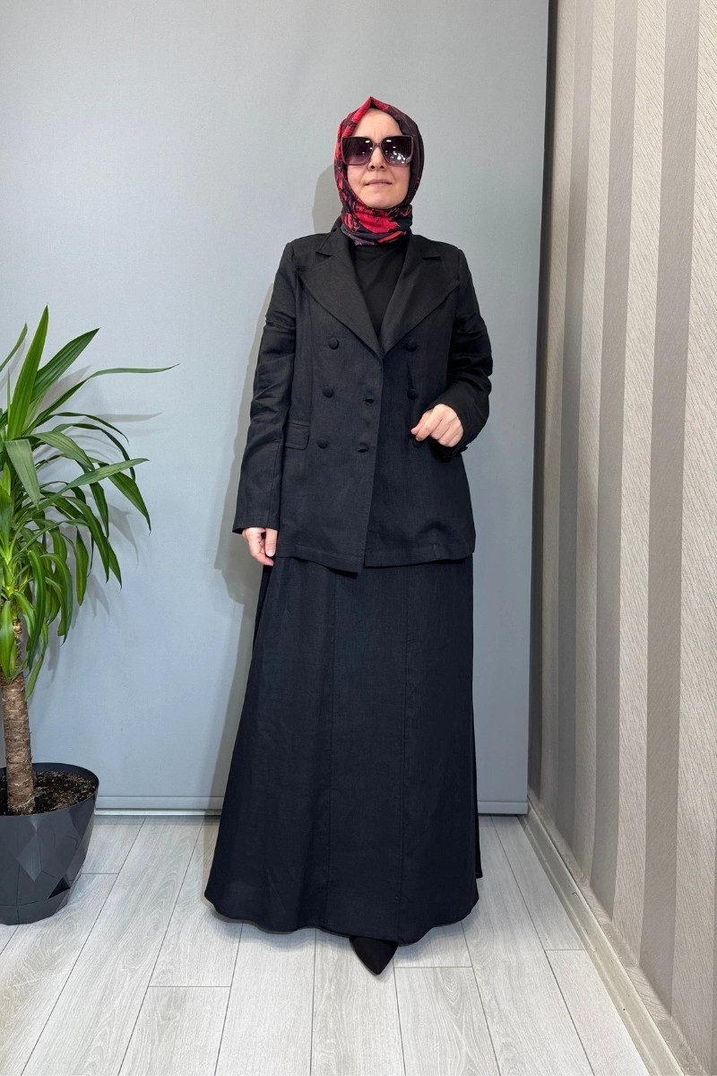 Miss Dalida Triko Korsajlı Düz Renk Keten Etek Siyah 2262256 görsel 2