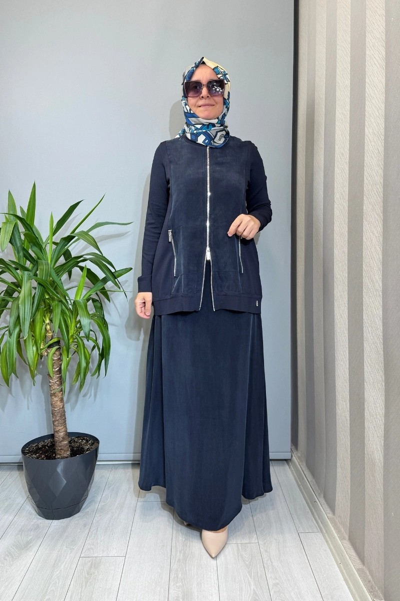 Miss Dalida Düz Renk Cupro Etek Lacivert T26Y-2007 görsel 2