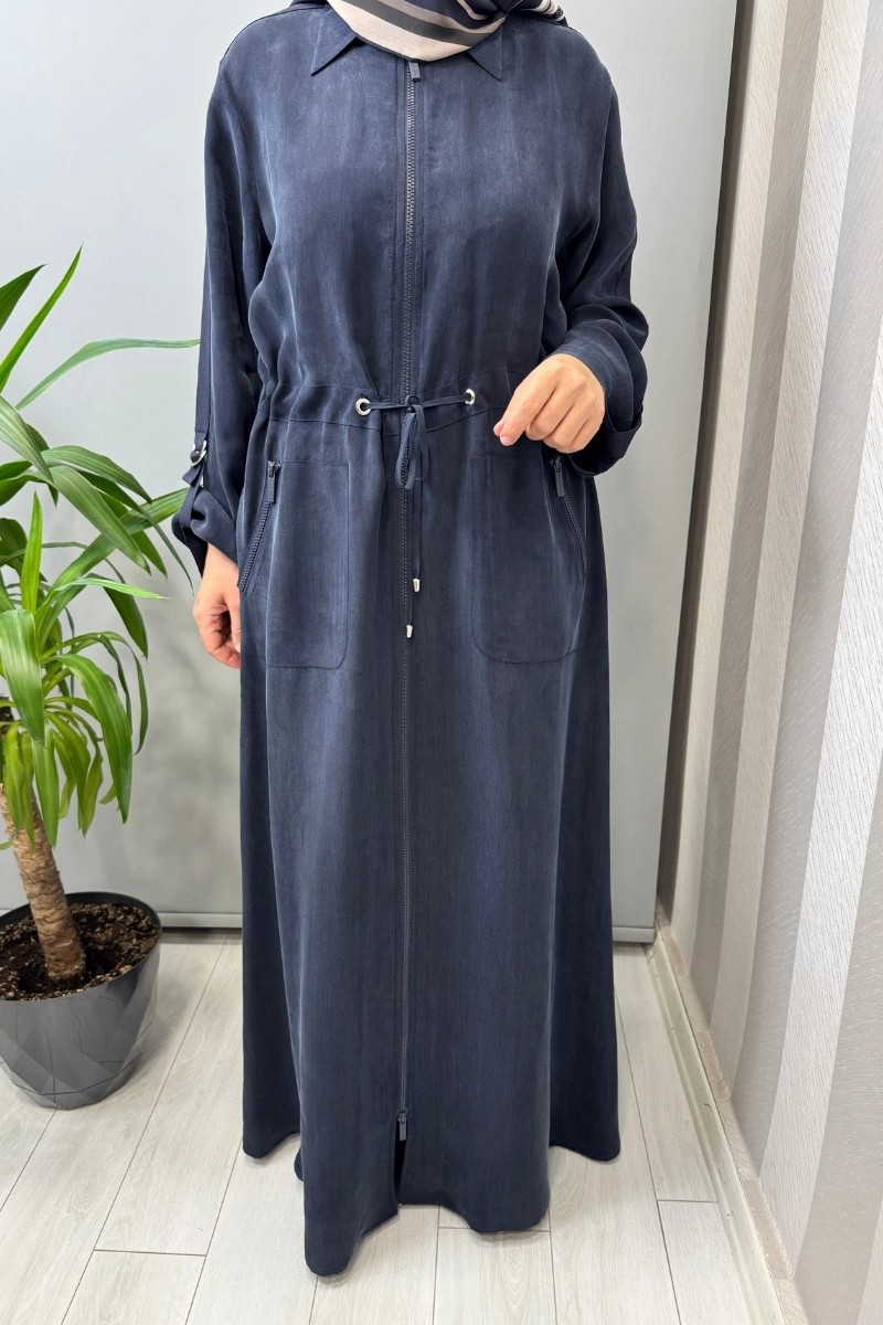 Miss Dalida Fermuarlı Beli Büzgülü Cupro Kap Lacivert 2268329 görsel 3