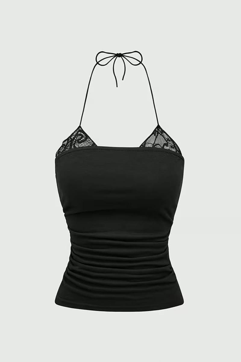 Moonstyle Collection Siyah Dantel Ekli Bağlamalı Y2K Askılı Crop