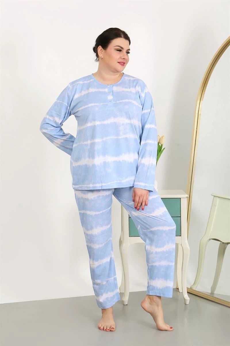 mery Kadın Büyük Beden Uzun Kol Penye Pijama Takımı Mavi Mery